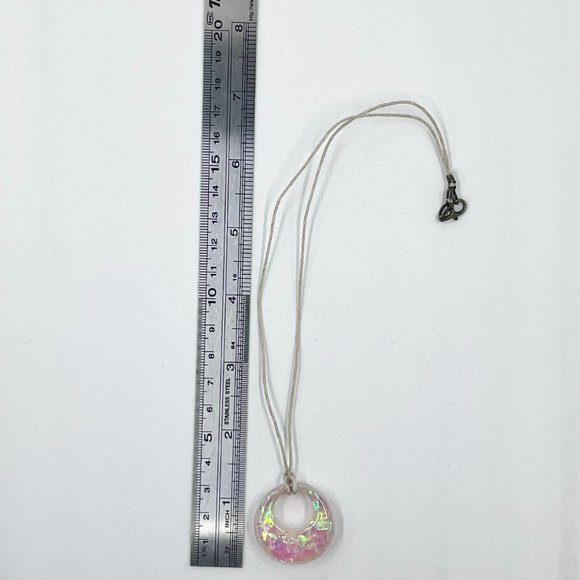 New / Hand Crafted - Pink & Cream Iridescent Round Pendant 16” Cord Necklace - Picture 4 of 7